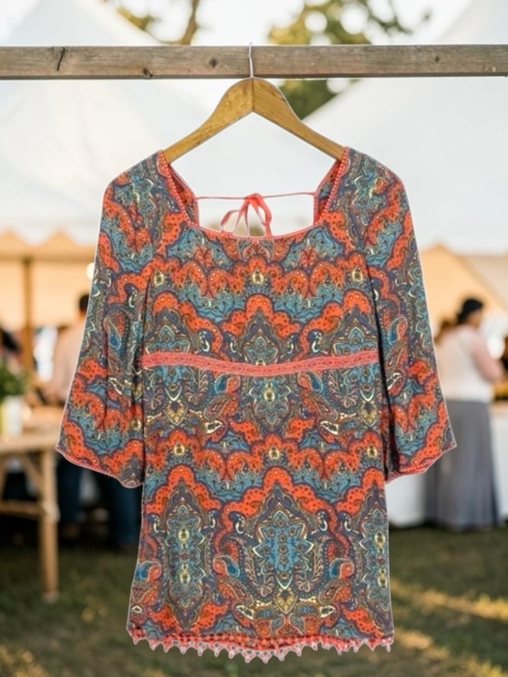 Free People Boho Paisley Tie-Back Women's Dress in Coral and Teal size xs